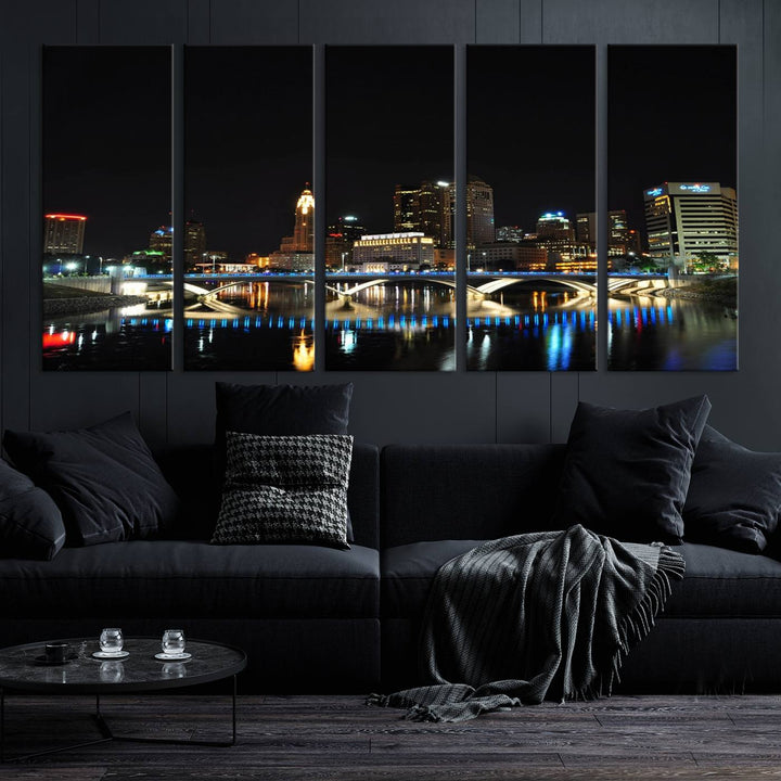 The "Columbus City Lights Night Skyline Cityscape View Wall Art Canvas Print" elegantly decorates the area, presented on museum-quality canvases that feature UV-protective coating to maintain their vibrant appearance.