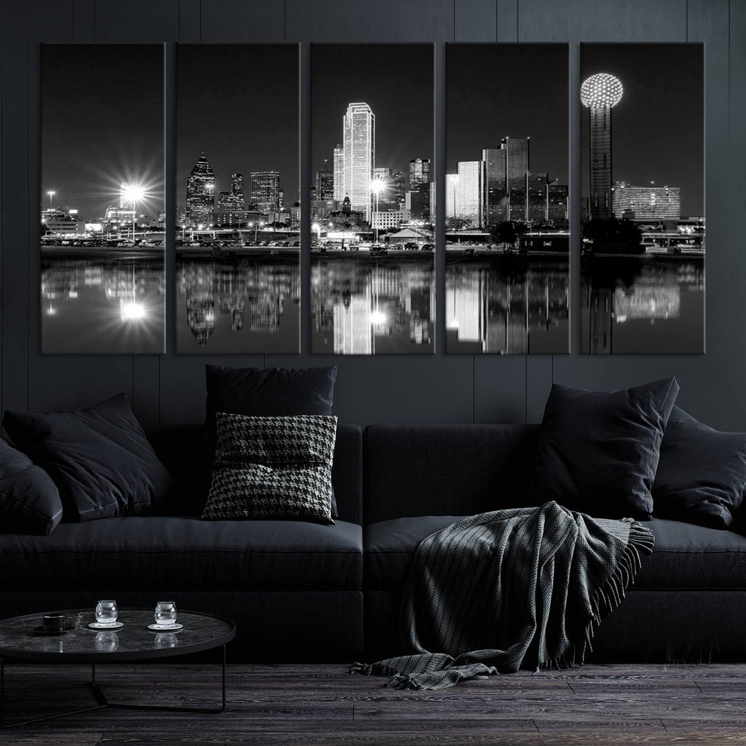 The living room showcases the Dallas City Lights Skyline Black and White Wall Art Cityscape Canvas Print. This museum-quality artwork is ready to hang and features a UV-protective coating to maintain its vibrant colors.