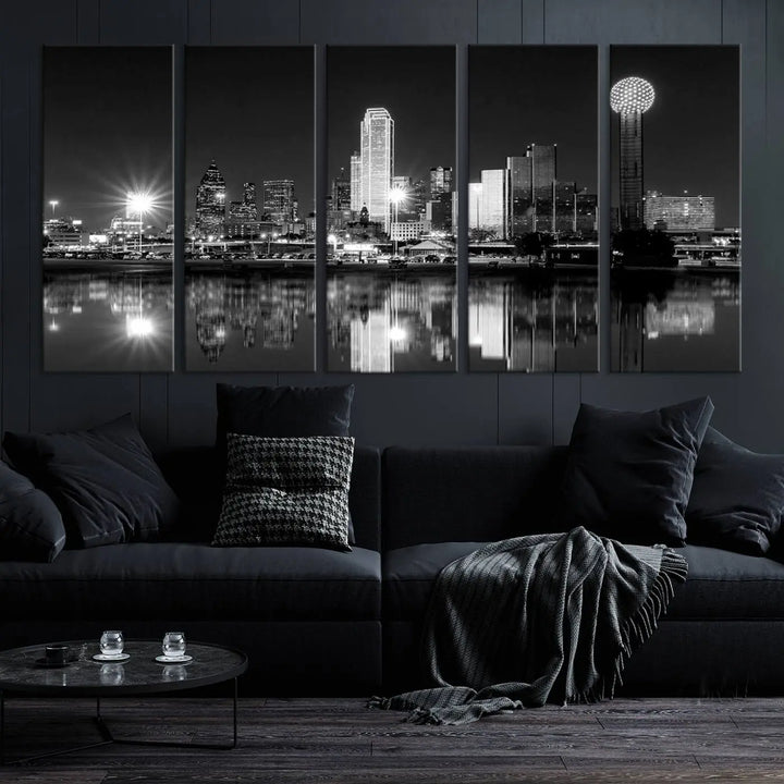 The Dallas City Lights Skyline Black and White Wall Art Cityscape Canvas Print is a striking addition to any space. These museum-quality canvases feature a UV-protective coating to maintain their beauty over time. Enjoy the convenience of free shipping when you choose this elegant piece for your home.