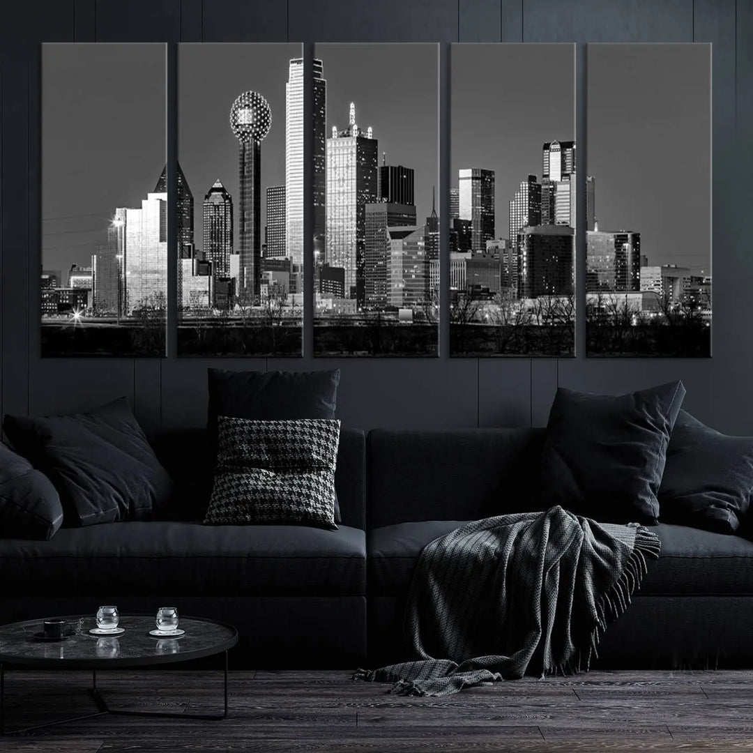 A black and white triptych of the Dallas city skyline is displayed, crafted on museum-quality canvas. This wall art piece is ready to hang, with each component adorned with a UV-protective coating to maintain its captivating appeal.