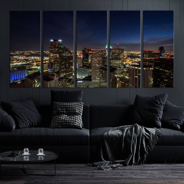 A living room showcasing a Dallas City Lights Night Skyline Cityscape View Wall Art Canvas Print, a three-panel artwork on museum-quality canvas with vibrant colors and durability.