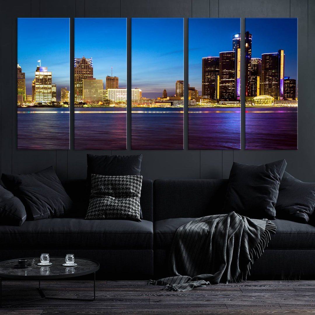 The living room features a breathtaking canvas print titled "Detroit City Lights Night Bright Blue Skyline Cityscape View," presented in a stunning triptych format on museum-quality canvases that are ready to hang.