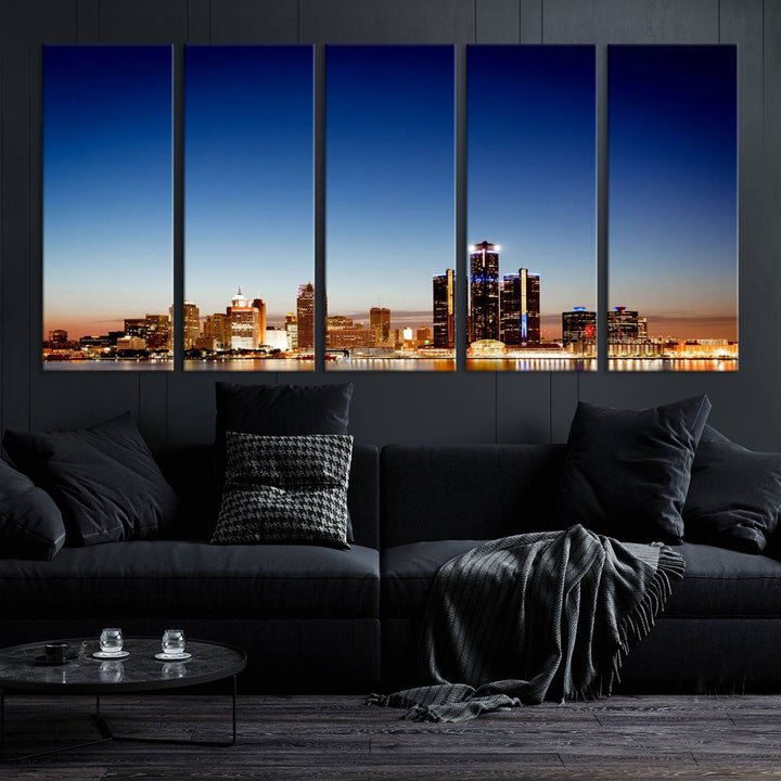 The Detroit City Lights Sunrise Skyline Cityscape View Wall Art Canvas Print adorns the modern living room. Crafted on museum-quality canvas with a UV-protective coating, this piece is ready to hang and elegantly elevates your décor.