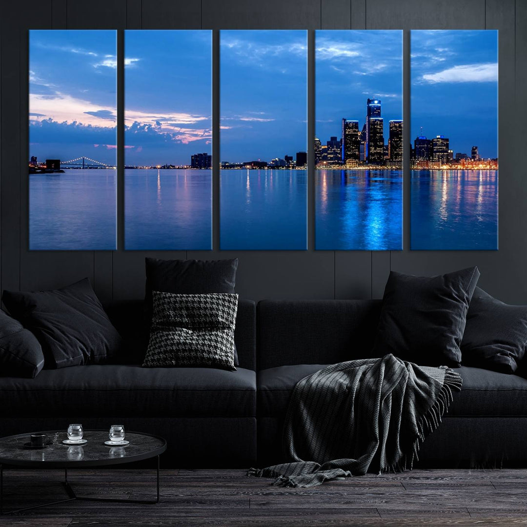 The "Detroit City Lights Night Blue Cloudy Skyline Cityscape View" wall art, displayed on museum-quality canvases, is split into three gallery-wrapped panels.