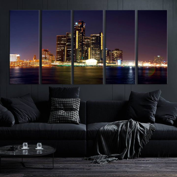 The Detroit City Lights Night Skyline Cityscape View Wall Art Canvas Print, elegantly split into three panels, is made from museum-quality pollycotton and gallery wrapped for a sophisticated touch. It is available with free shipping to effortlessly elevate your space.