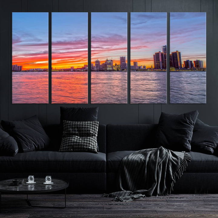 The Detroit City Lights Sunset Colorful Cloudy Skyline Cityscape View Wall Art Canvas Print showcases a vibrant city skyline at sunset over water. The artwork is museum-quality, comes ready to hang, and features a UV-protective coating to preserve its vivid colors.