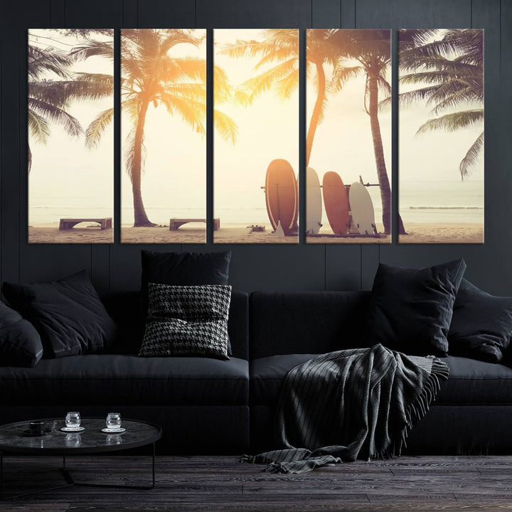 Surfboard and Palm Tree on Beach Double Exposure with Colorful Bokeh Sunset Light Wall Art Canvas