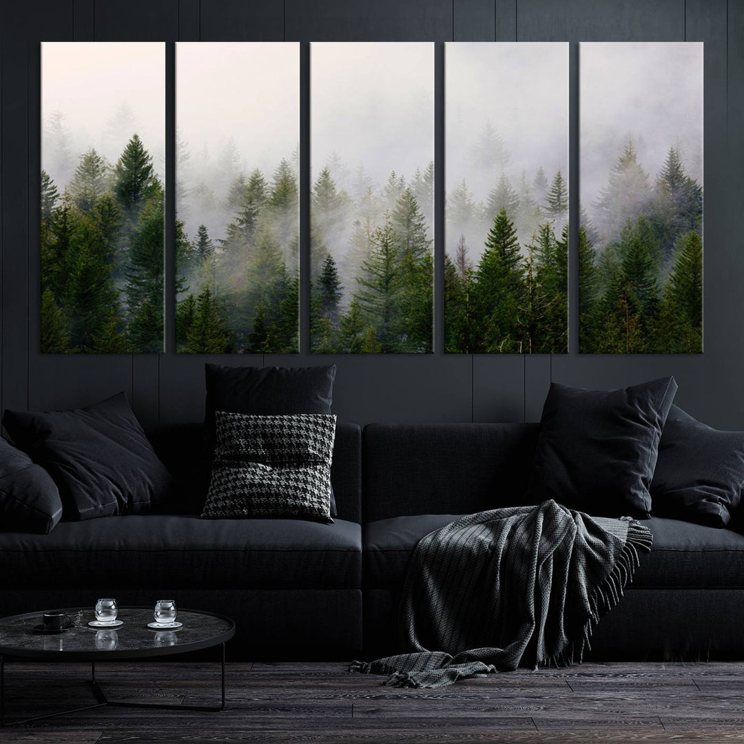 A 3-panel Misty Pine Forest Wall Art Canvas Print, featuring a green woodland scene, adorns the wall.