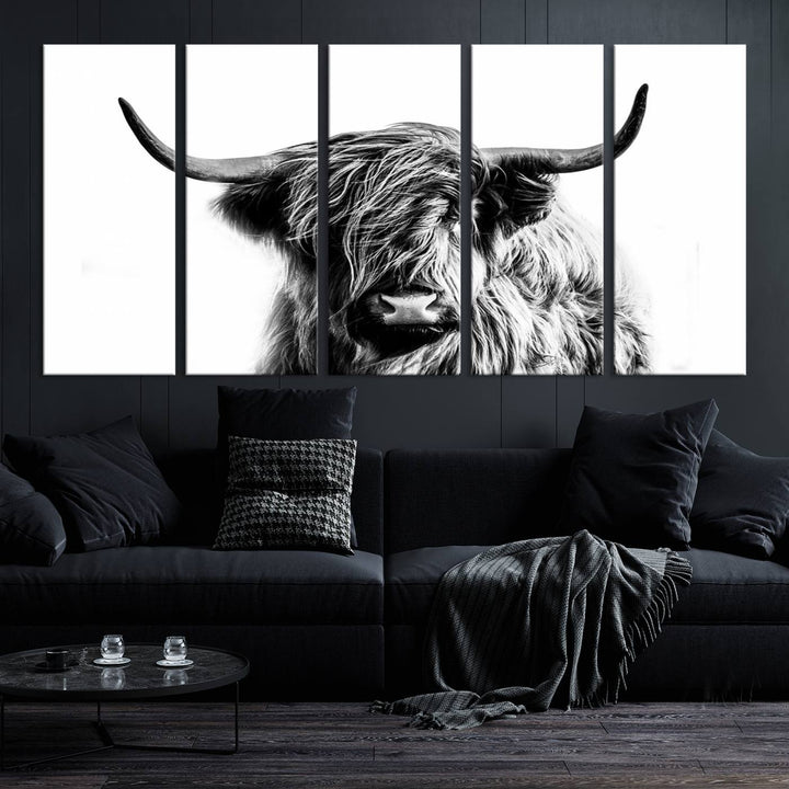 The Scottish Highland Cow Cattle Art Print Farmhouse Wall Art Canvas Print enhances rustic farmhouse decor with its depiction of a long-haired, large-horned cow. This triptych is an ideal choice for chic wall art.