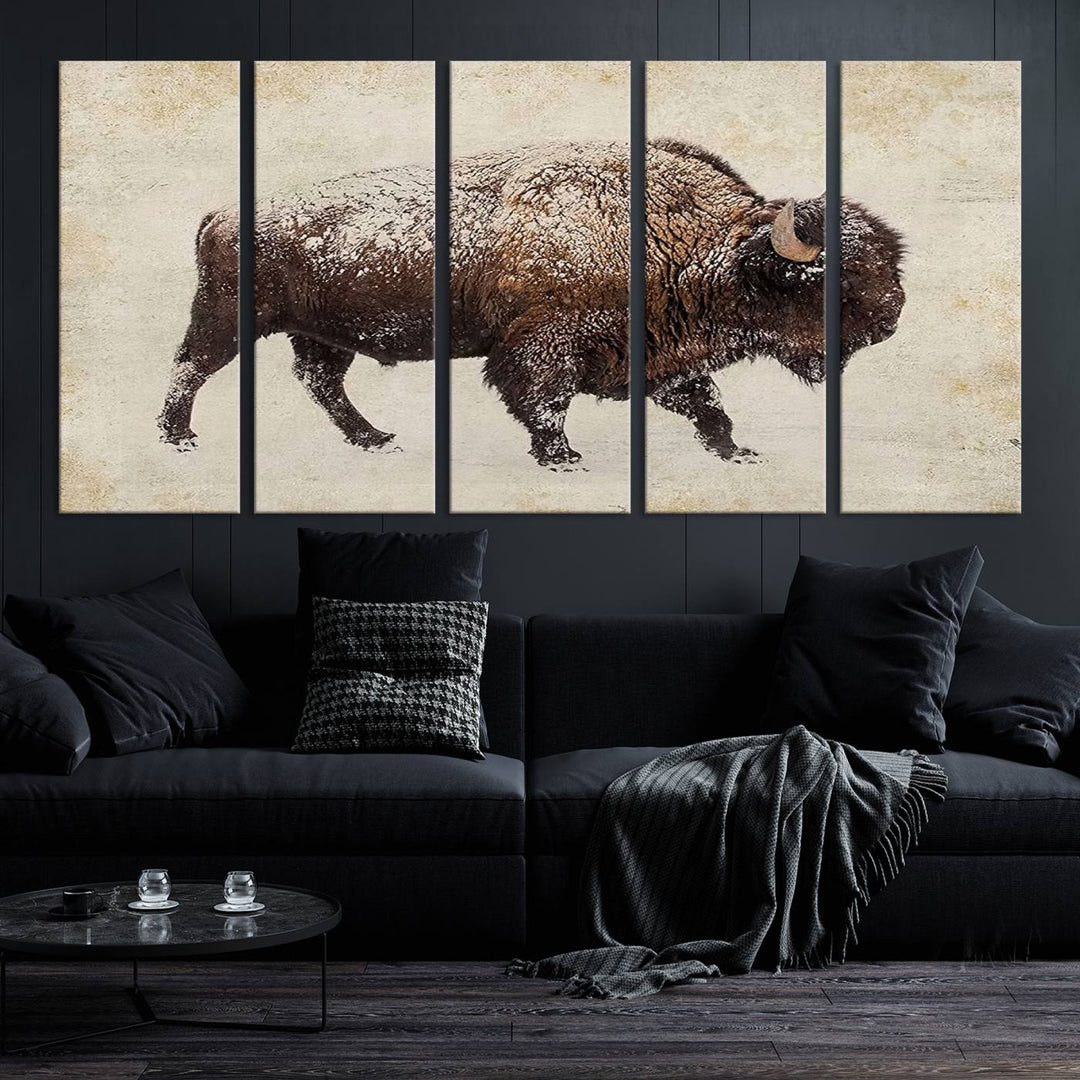 The "Buffalo Wall Art" canvas print, featuring a Western bison, hangs prominently, infusing the space with rustic cowboy and Western decor.