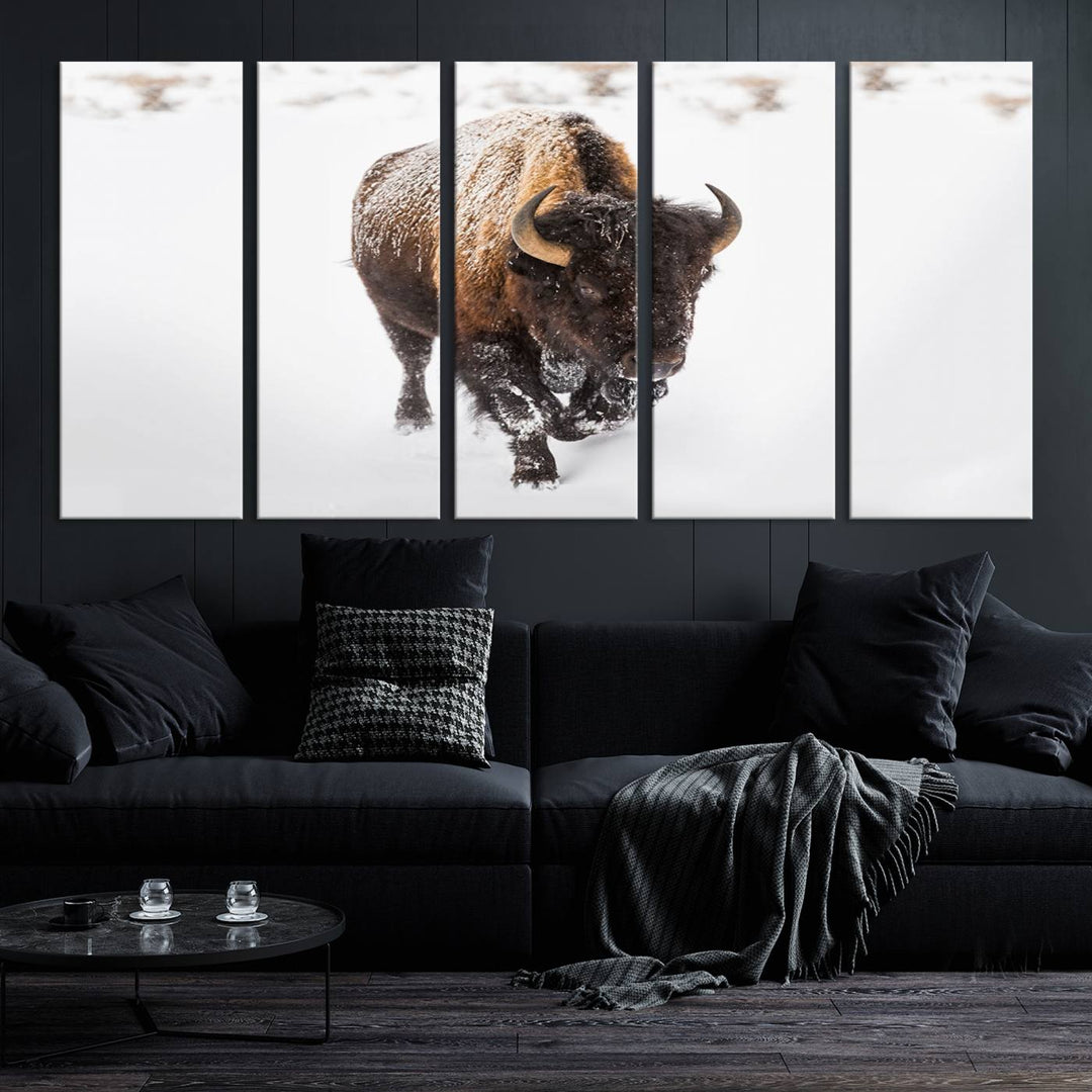 The Bison Winter Wall Art Canvas Print for Farmhouse Decor is displayed as a triptych in the living room. This artwork, printed on museum-quality canvases with a UV-protective coating to maintain its vibrant colors, is the focal point of the space.