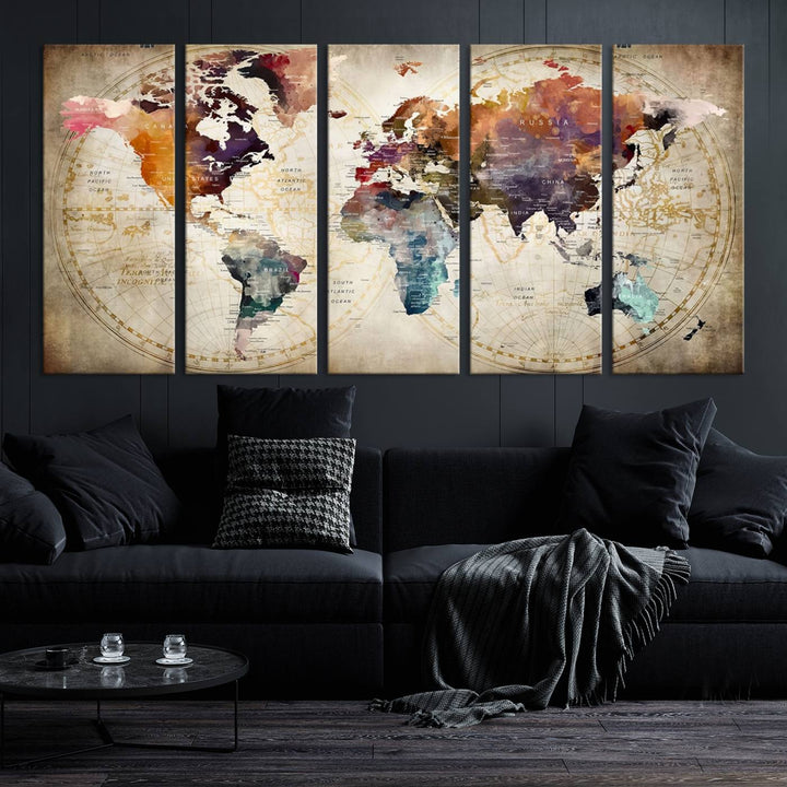 A World Map Wall Art Canvas Print featuring vibrant colors is crafted on museum-quality canvas, adding a touch of elegance to the room.