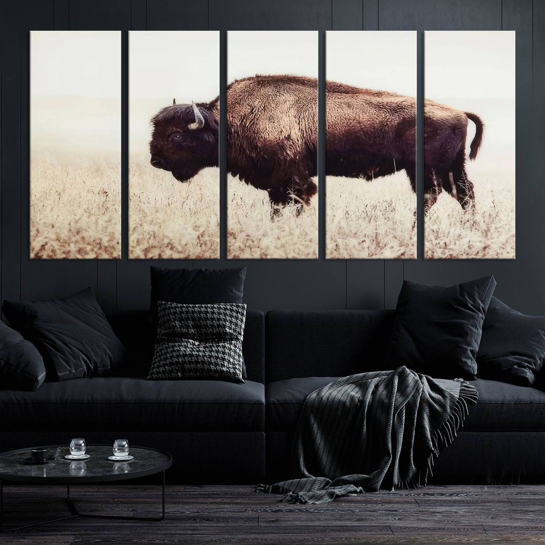 A stylish living room showcases the captivating "Bison in Field" Wall Art Canvas Print as farmhouse decor.