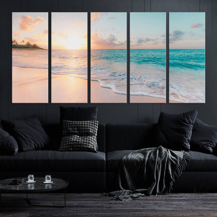 Beach Sunrise Wall Art, Coastal Seascape Canvas Print, Ocean Wave Multi-Panel Giclee, Coastal Sunset Beach Scene for Modern Decor