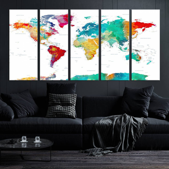 A stunning Colorful World Map Triptych Canvas Print, featuring a ready-to-hang framed design, adds vibrancy and modern flair to the space, effortlessly elevating the entire home décor.