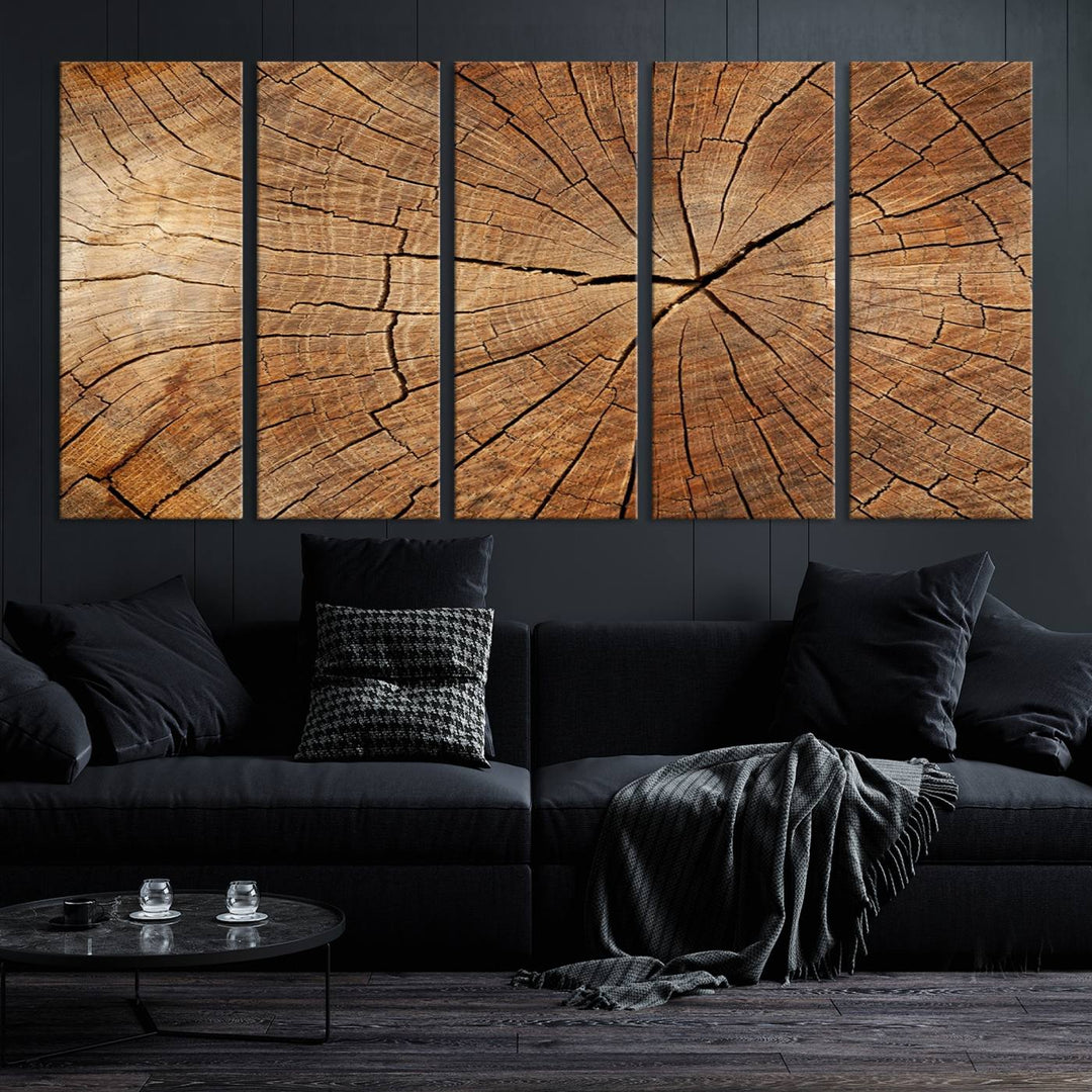 The stunning multi-panel wall art piece, the Tree Ring Canvas Art, features intricate rustic wood grain textures. This giclee triptych hangs elegantly on the wall.