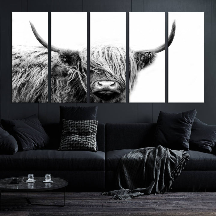 A museum-quality triptych titled "Black White Scottish Highland Cow Cattle Art Print Farmhouse Wall Art Canvas Print" embellishes the dark wall. The canvas is equipped with a UV-protective coating to ensure lasting vibrancy.