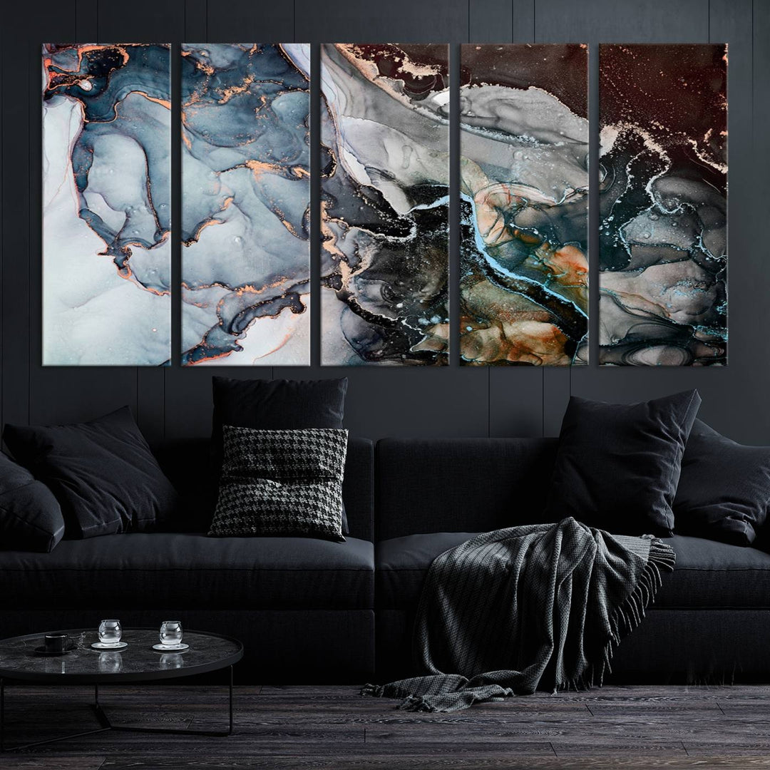 The Mix Color Large Abstract Marble Wall Art Canvas Print is printed on museum-quality canvas. It features a UV-protective coating and is ready to hang, adding elegance to the room.