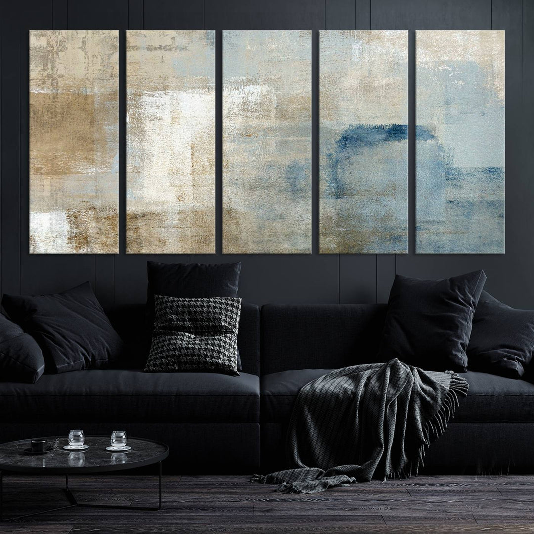 Abstract Blue and Beige Wall Art, Modern Minimalist Canvas Print Set, Giclee Textured Art, Large Multi-Panel Artwork for Living Room