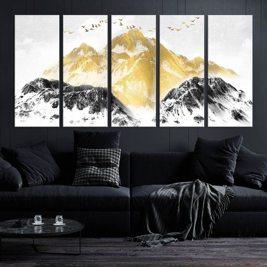 Golden Mountain Triptych Wall Art, Modern Giclee Canvas Print, Nature Landscape Decor for Living Room, Contemporary Gold and Black Wall Art