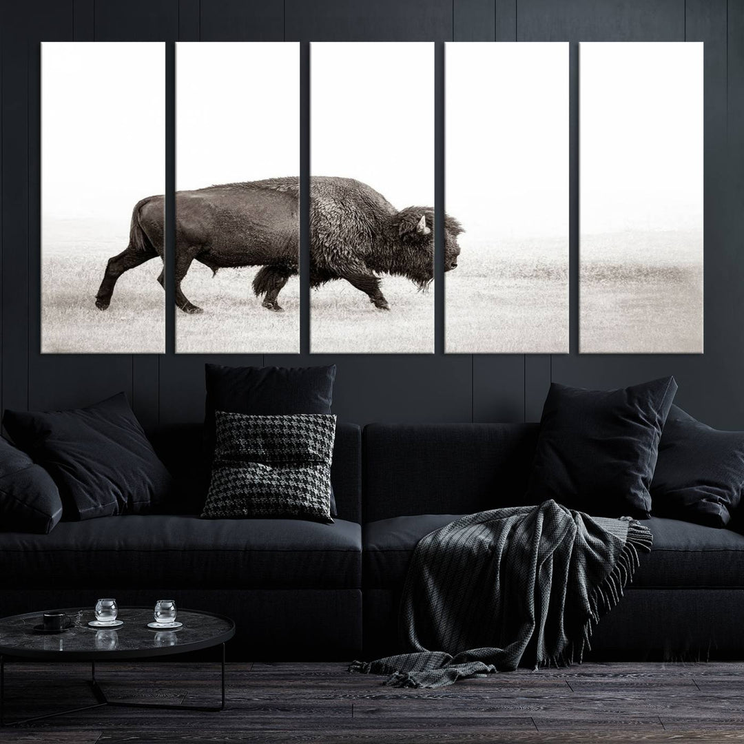 American Bison in Grasslands Triptych Canvas Wall Art – Western-Inspired Nature Decor for Home or Office