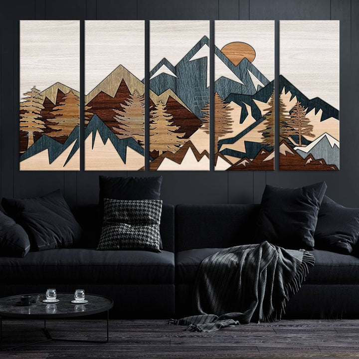 Woodland Mountain Landscape Triptych, Giclee Canvas Art for Modern Home, Rustic Wooden Nature Wall Art, Large Mountain and Tree Canvas for Living Room