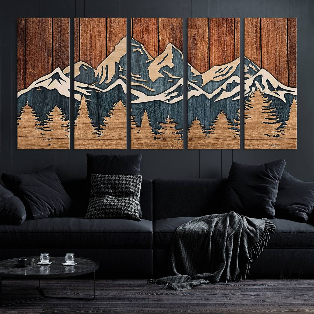 Impression sur toile d'art mural abstrait avec effet de panneau de bois, chaîne de montagnes