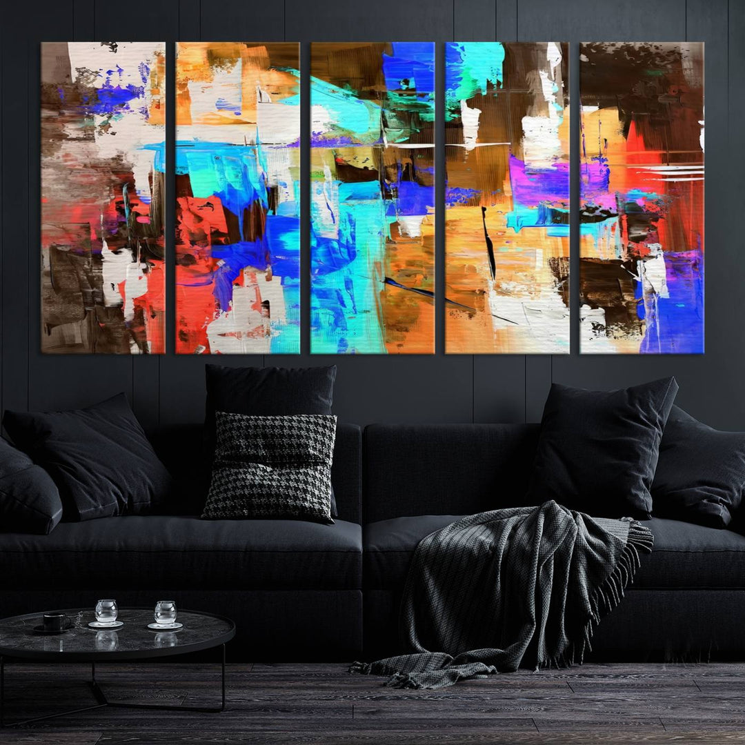 In a modern living room, the "Colorful Abstract Wall Art Canvas Print" serves as a stunning triptych centerpiece on museum-quality canvas, ready to hang. Its UV-protective coating ensures enduring vibrancy.