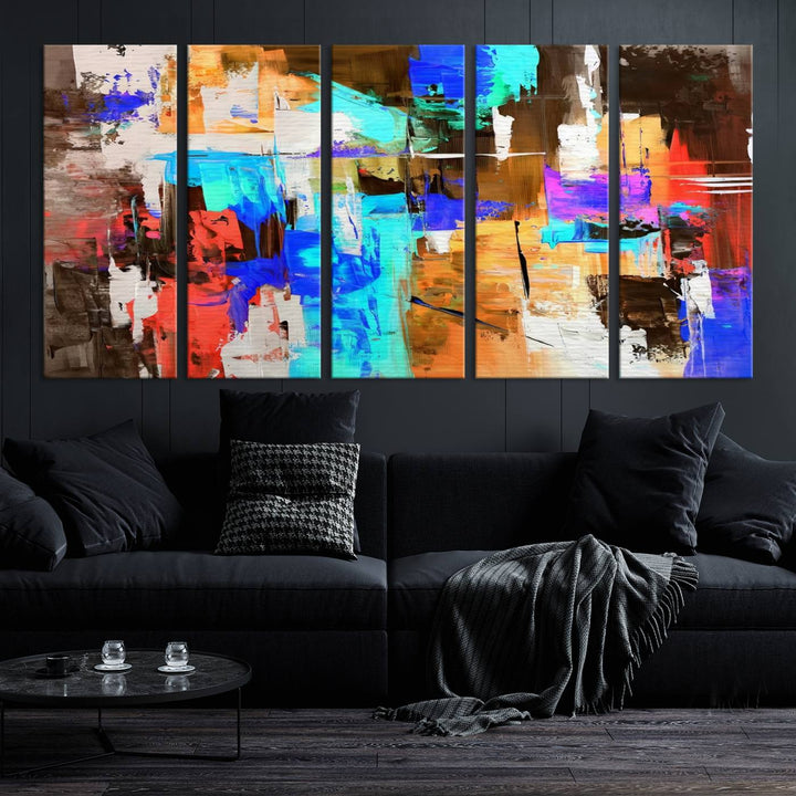 In a modern living room, the "Colorful Abstract Wall Art Canvas Print" serves as a stunning triptych centerpiece on museum-quality canvas, ready to hang. Its UV-protective coating ensures enduring vibrancy.