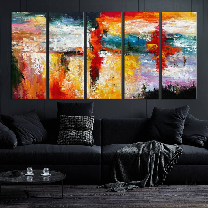 A Colorful Abstract Wall Art Canvas Print graces the wall, making this ready-to-hang masterpiece, complete with UV-protective coating, perfect for elevating any space with its vibrant allure.