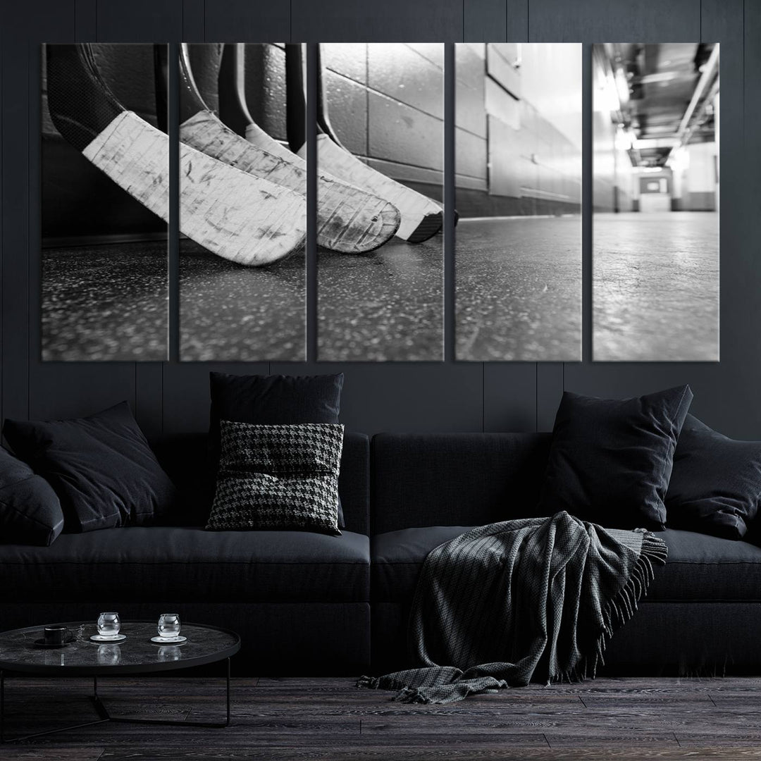 A living room featuring a large Ice Hockey Wall Art Canvas Print on gallery-wrapped canvas.