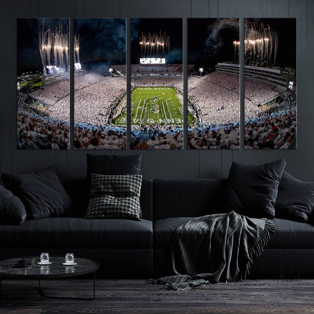 The Penn Stadium Football Wall Art Canvas Print showcases the lively ambiance of a bustling Pennsylvania University football stadium illuminated by fireworks.