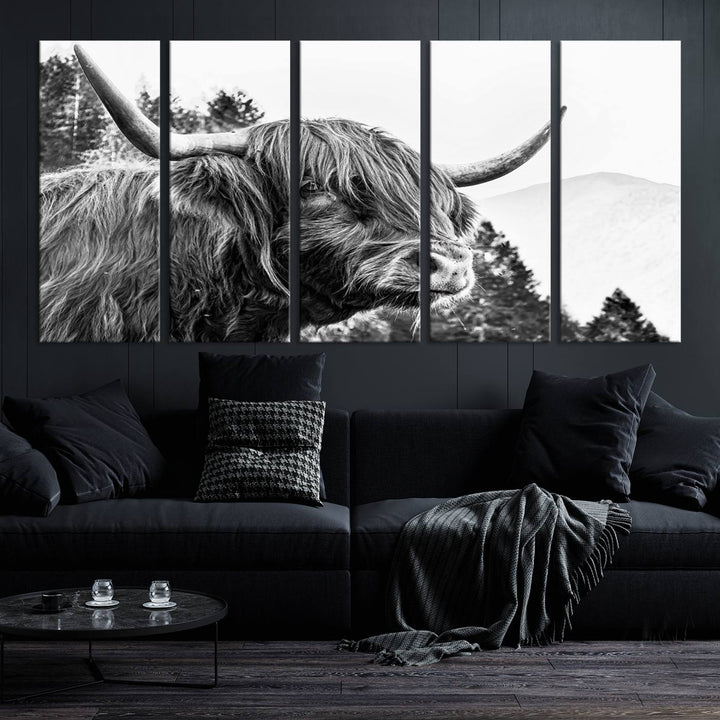 The Scottish Longhorn Wall Art Canvas Print features a highland cow with long horns and shaggy hair displayed on a museum-quality canvas. Equipped with a UV-protective coating for durability, it's ready to hang and enjoy for years to come.