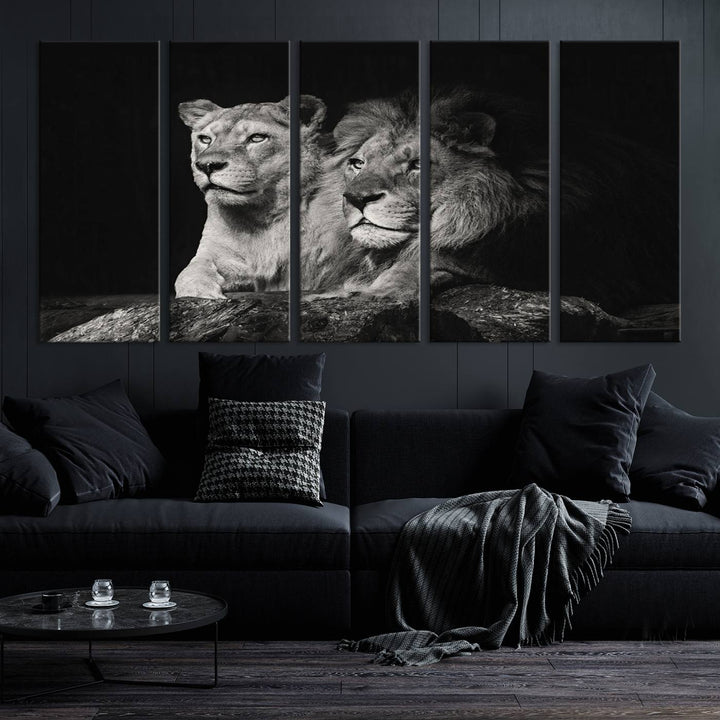 The elegant wildlife portrait, "Lion Couple Canvas Wall Art Print," featuring a black and white depiction of a lion family, majestically decorates the living room wall.