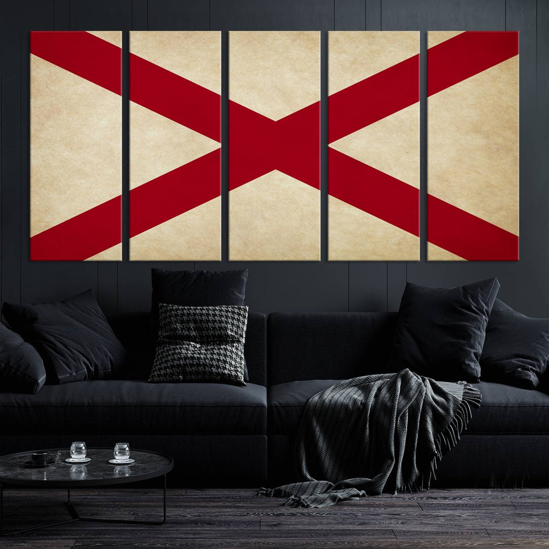 The USA Alabama States Flag Wall Art, featuring a red diagonal cross on a cream background, is elegantly displayed on museum-quality canvas with a UV-protective coating.