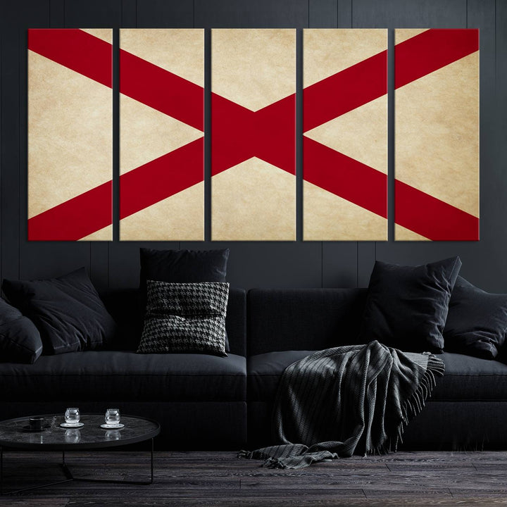 The USA Alabama States Flag Wall Art, featuring a red diagonal cross on a cream background, is elegantly displayed on museum-quality canvas with a UV-protective coating.