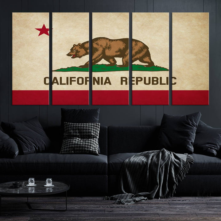 The Calinia States Flag Wall Art Canvas Print, featuring a bear and star design reminiscent of the California Republic flag, is crafted on museum-quality polycotton canvas with a UV-protective coating and is proudly made in the USA.