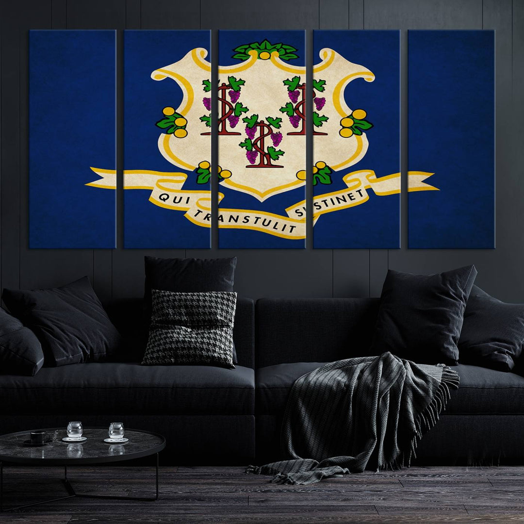 A "Size Connecticut States Flag Wall Art Canvas Print" hangs on the wall, its vibrancy preserved by a UV-protective coating.