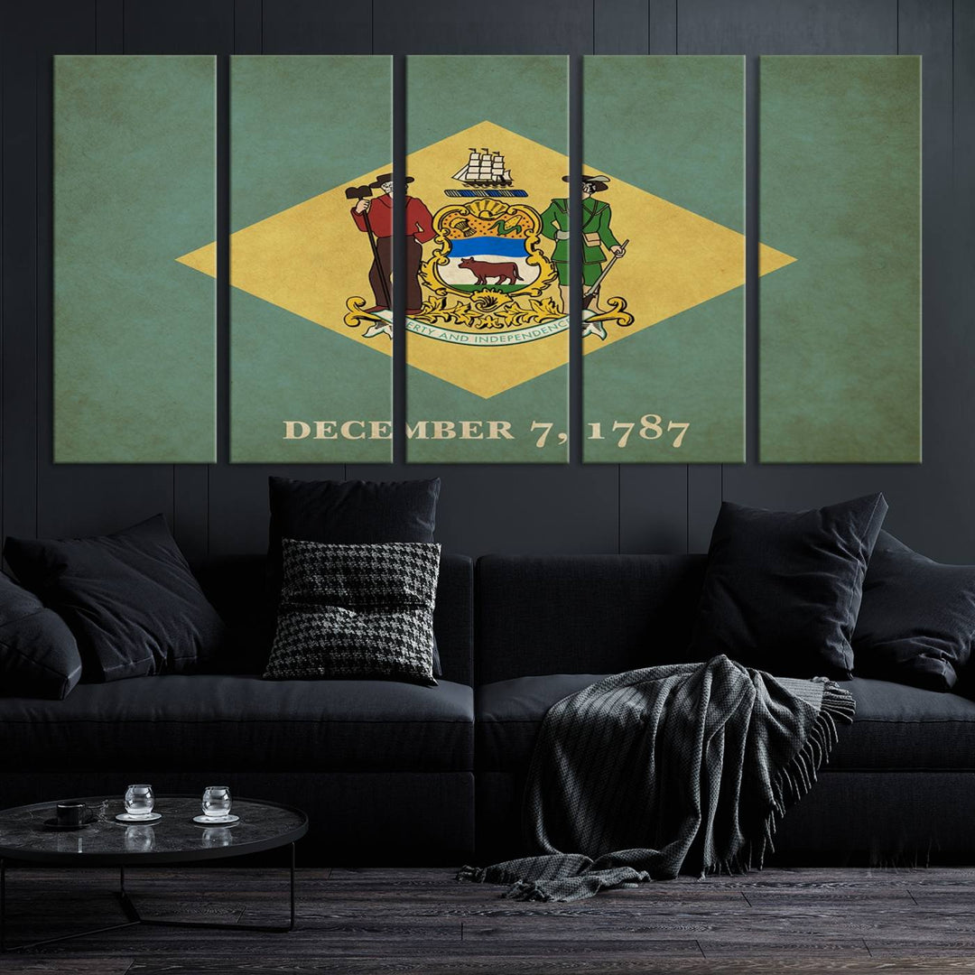 The Delaware States Flag Wall Art Canvas Print, featuring museum-quality material and a UV-protective coating, hangs elegantly, ready to be admired.