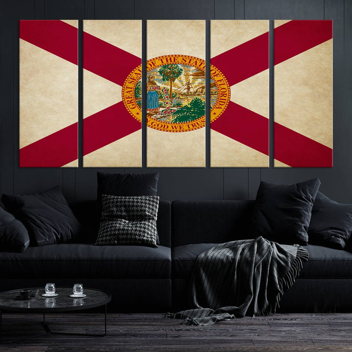 A Florida States Flag Wall Art Canvas Print, featuring a UV-protective coating for museum-quality preservation, is displayed.