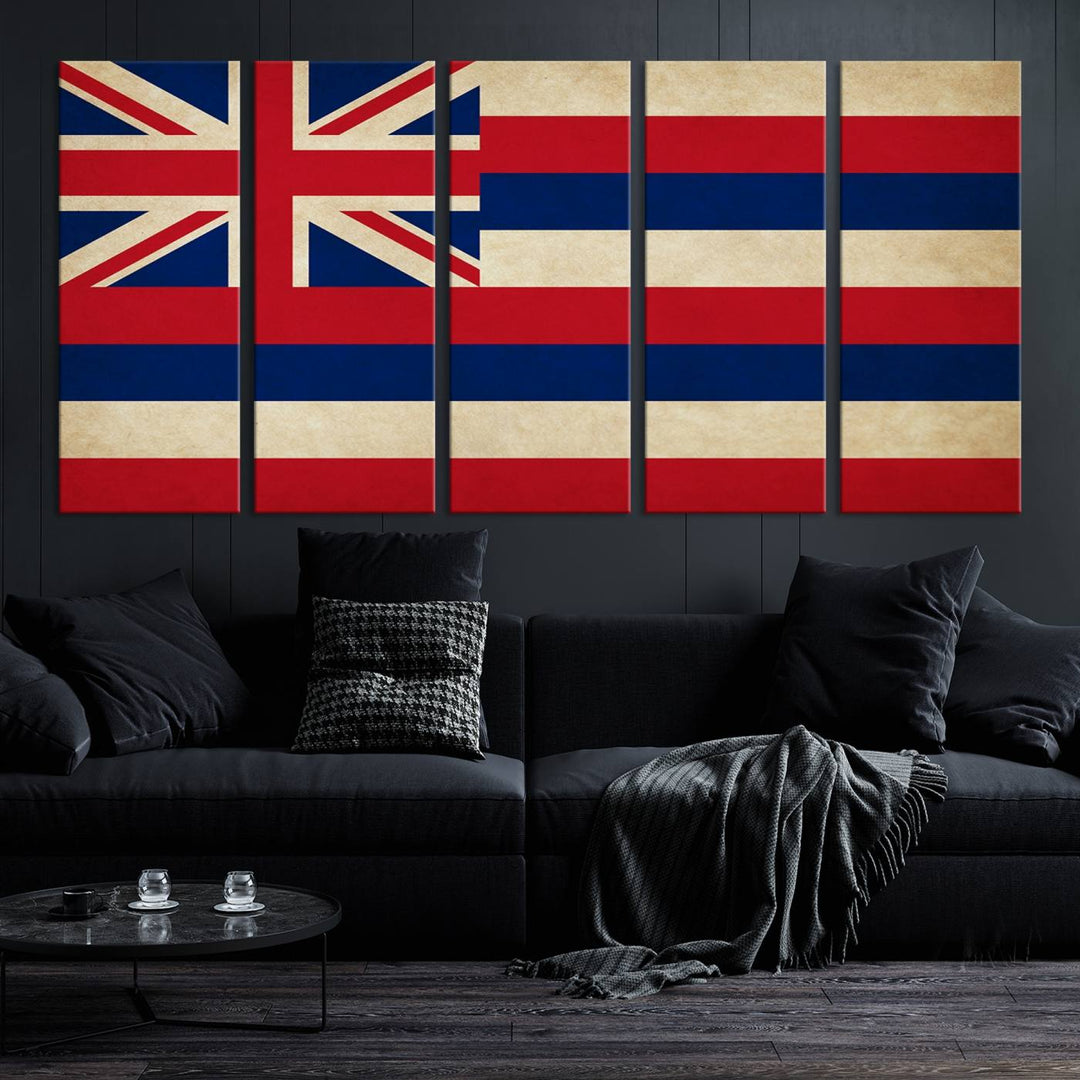 A stunning piece titled "Hawaii USA States Flag Wall Art Canvas Print" adorns the wall. This gallery-wrapped artwork is printed on museum-quality canvas and features a UV-protective coating, ensuring its vibrant colors remain timelessly beautiful.