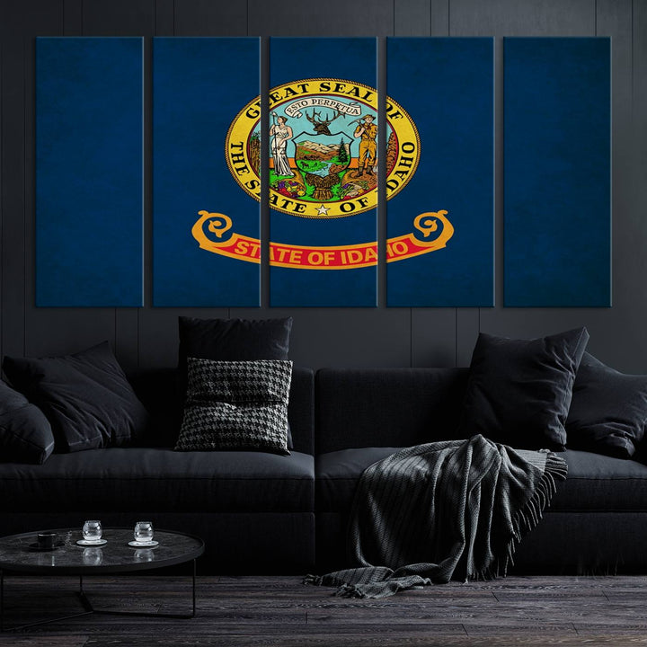 The Idaho USA States Flag Wall Art Canvas Print, featuring a UV-protective coating for lasting vibrancy, is ready to hang.