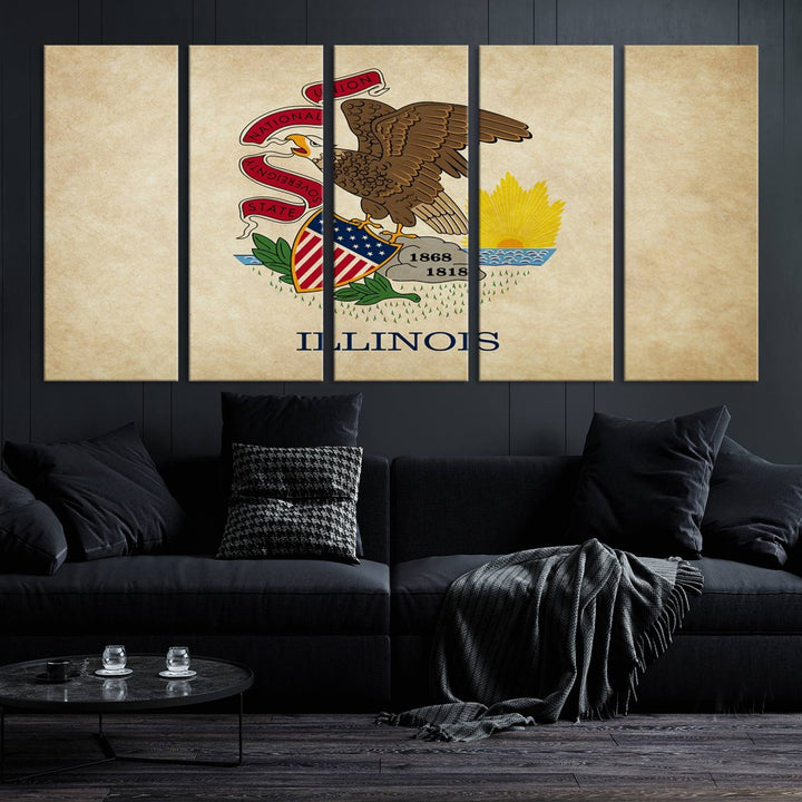 The Illinois State Flag Wall Art Canvas Print, crafted on museum-quality canvas with a UV-protective coating, is displayed prominently.