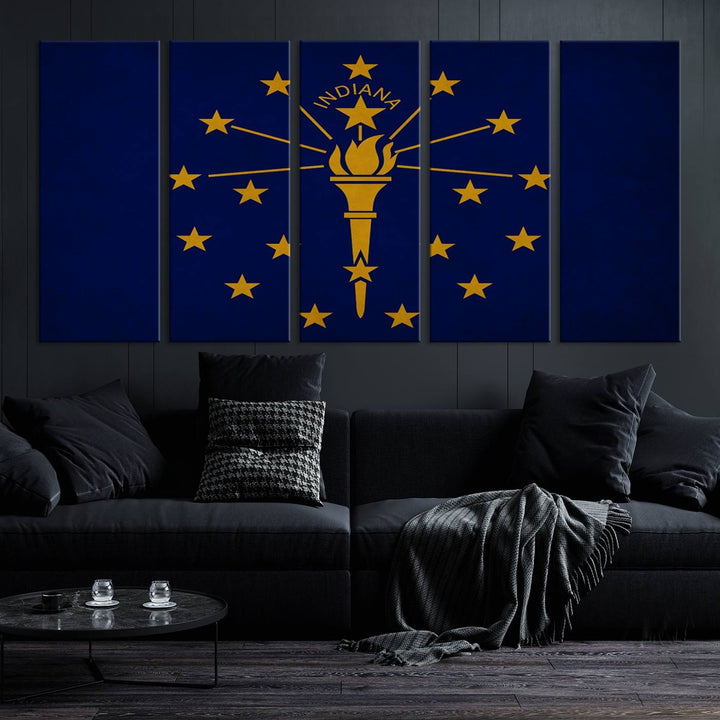 The Indiana States Flag Wall Art Canvas Print, featuring museum-quality canvas with a UV-protective coating, adorns the wall and brings an elegant and charming touch to your living space. Ready to hang, this piece becomes a standout feature in any room.