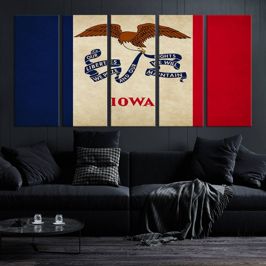 A beautiful Iowa States Flag Wall Art enhances the area, made on museum-quality canvas and boasting a gallery-wrapped design for enduring elegance.