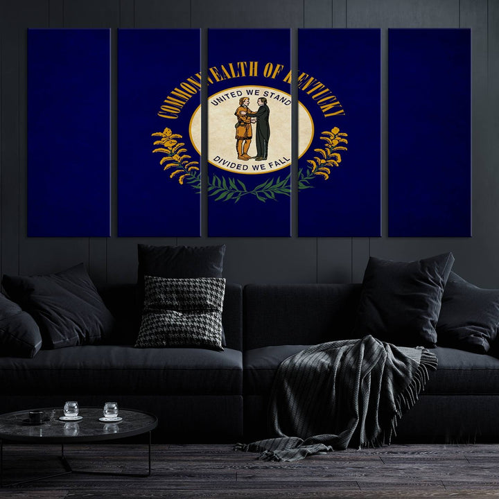 A museum-quality canvas of the Kentucky State Flag Wall Art graces the wall, featuring a UV-protective coating to maintain its vivid colors. Benefit from free shipping on this impressive home decor piece.