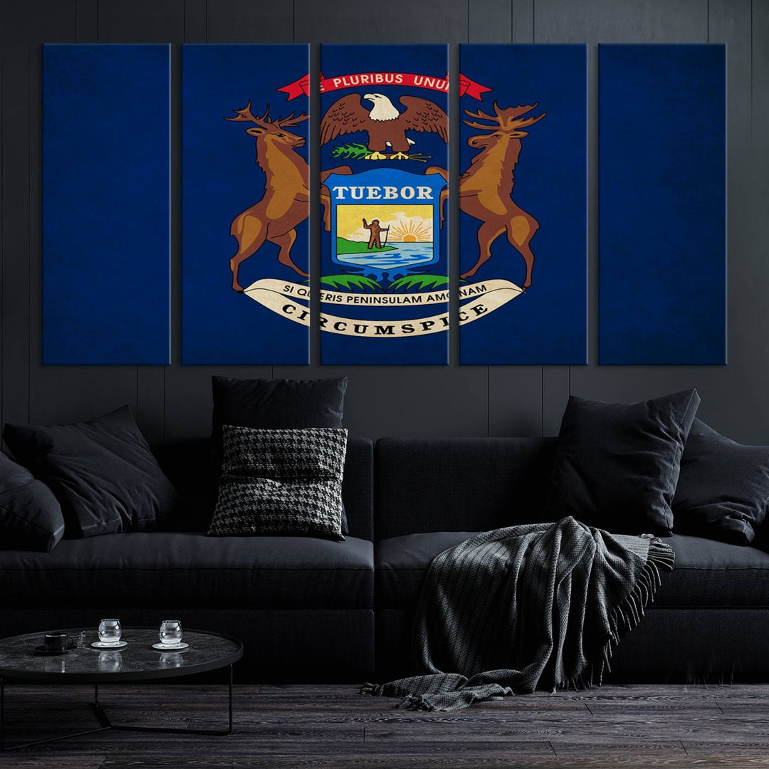 A piece of Michigan State Flag Wall Art on museum-quality canvas features a UV-protective coating to maintain its vibrant colors.