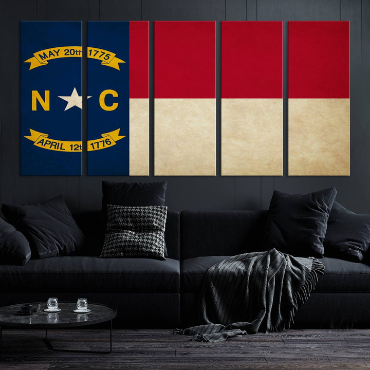 A museum-quality North Carolina State Flag Wall Art Canvas Print graces the wall, adding charm and character to any living space. Enjoy free shipping on this timeless piece.