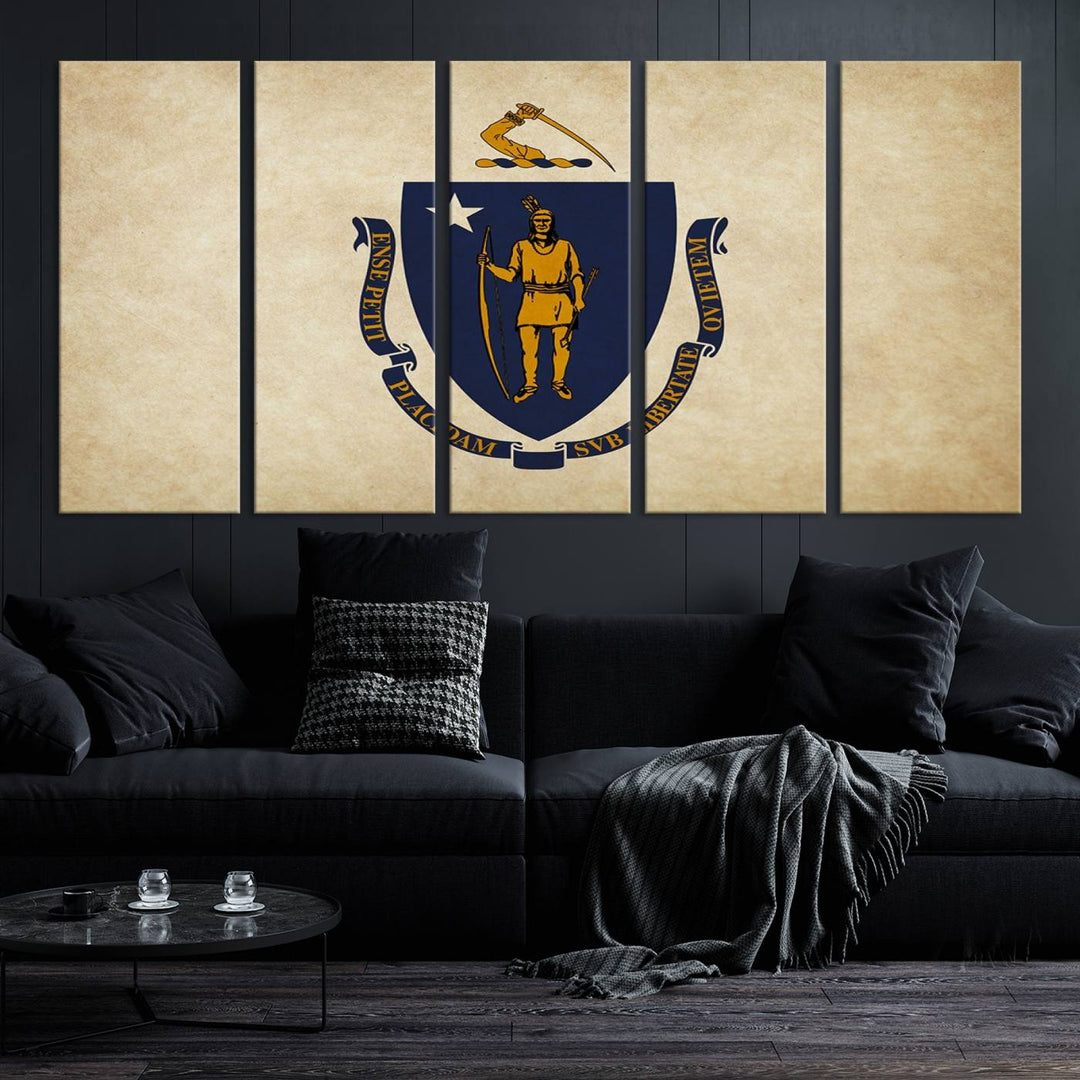 The Massachusetts State of Flag Wall Art Canvas Print, handcrafted on a museum-quality canvas with UV-protective coating, decorates the wall. It is ready to hang and adds a touch of elegance to the space.