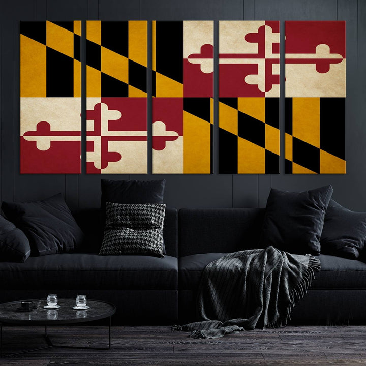 The Maryland Flag Wall Art Canvas Print brings a touch of elegance and features a UV-protective coating for lasting vibrancy.